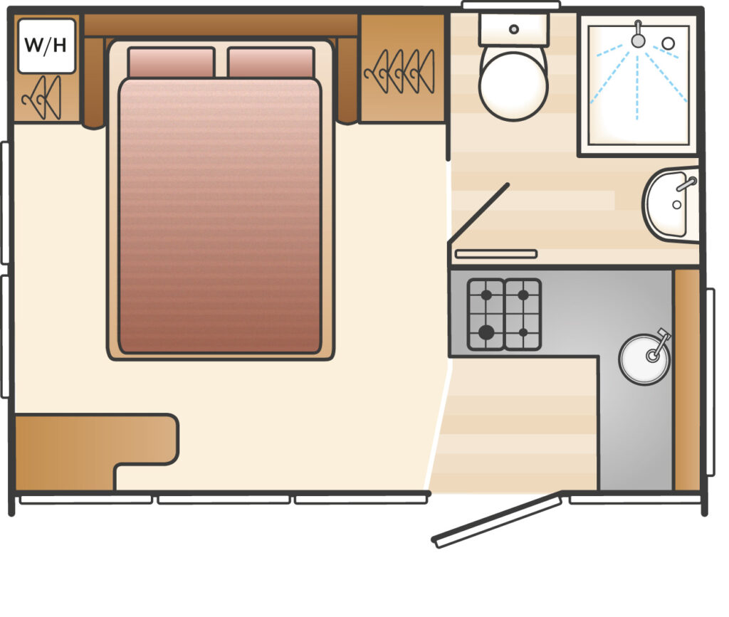 2 birth glamping pod floor plan with bed pulled out