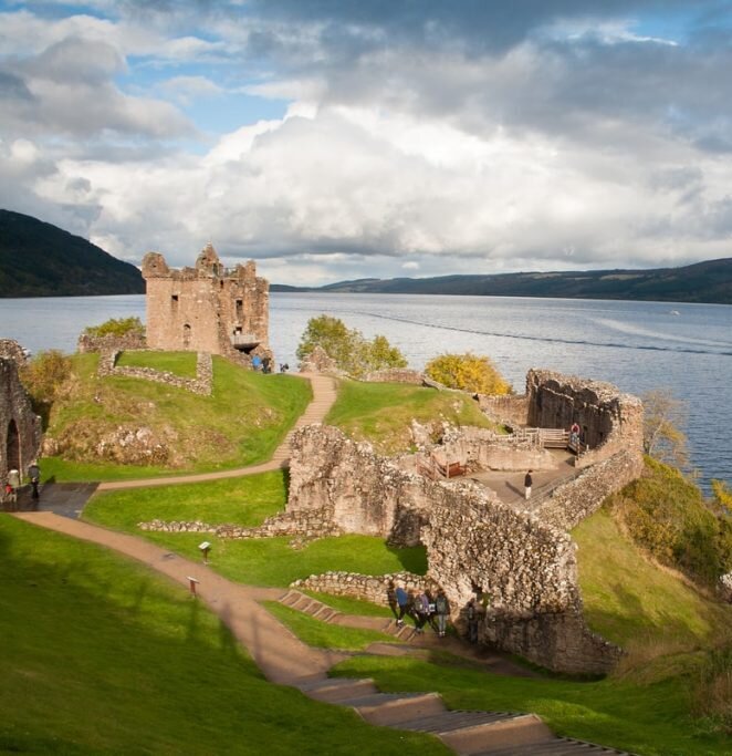 View of Urqurhart Castle and looking down Loch Ness