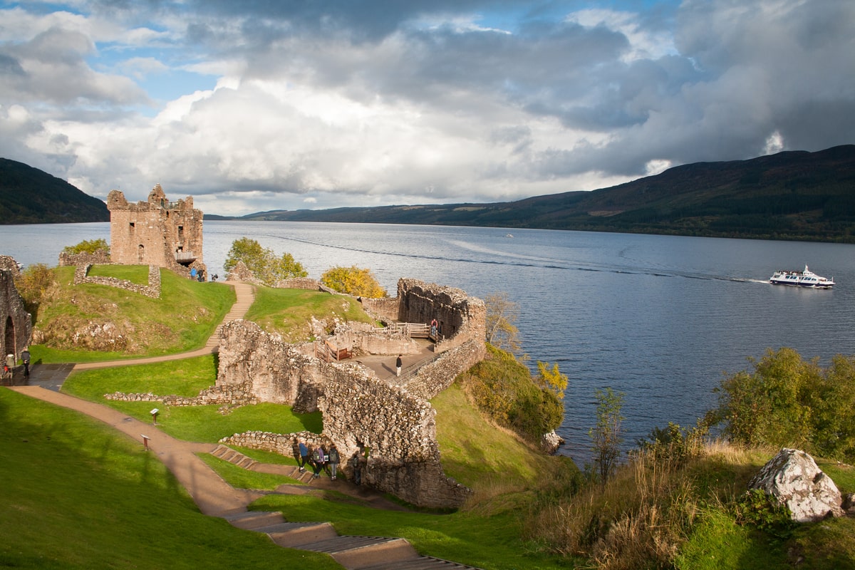 Urquhart castle and loch ness, with cruise ship